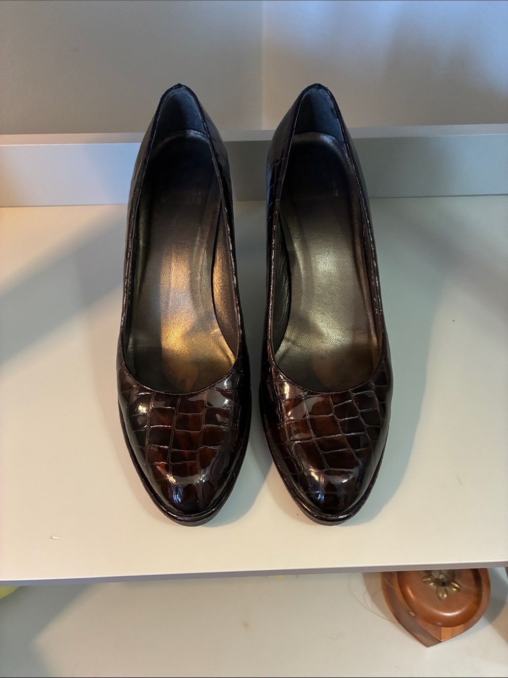 Stuart Weitzman Dark Brown Croc-Embossed Leather Pumps